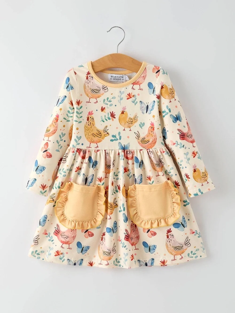 Girls Cream Chicken Print Dress with Yellow Pockets